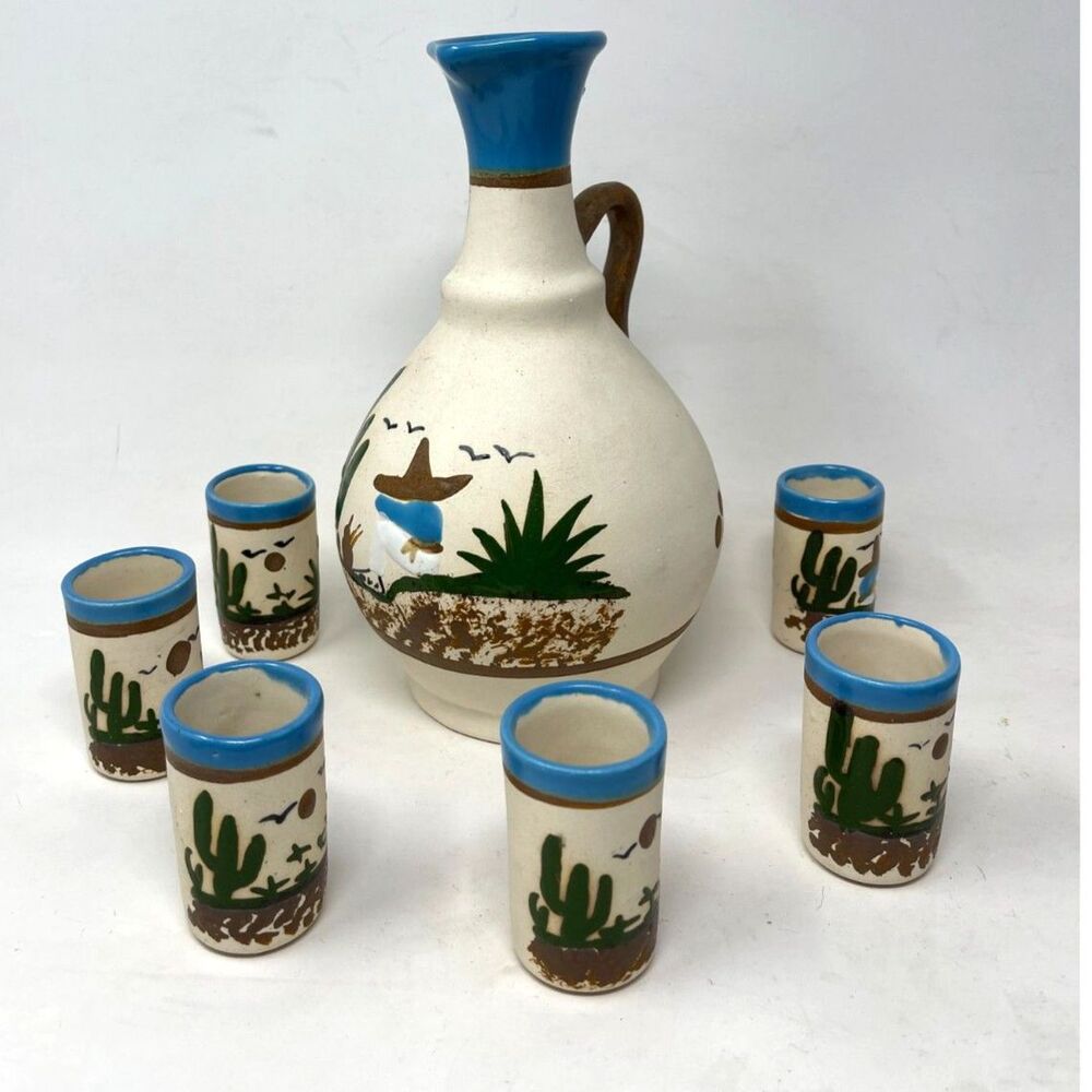 Tonala Mexican Folk Art Pottery Pitcher Decanter Shot Glasses Sleeping Siesta